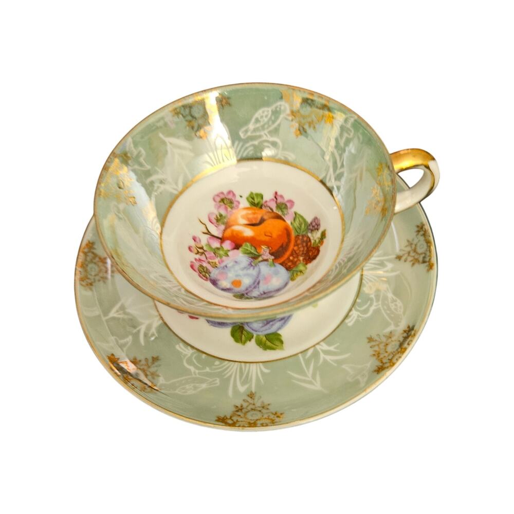 Old Gold Japan Teacup Saucer Green Floral Fruit Gold Trim Vintage Porcelain